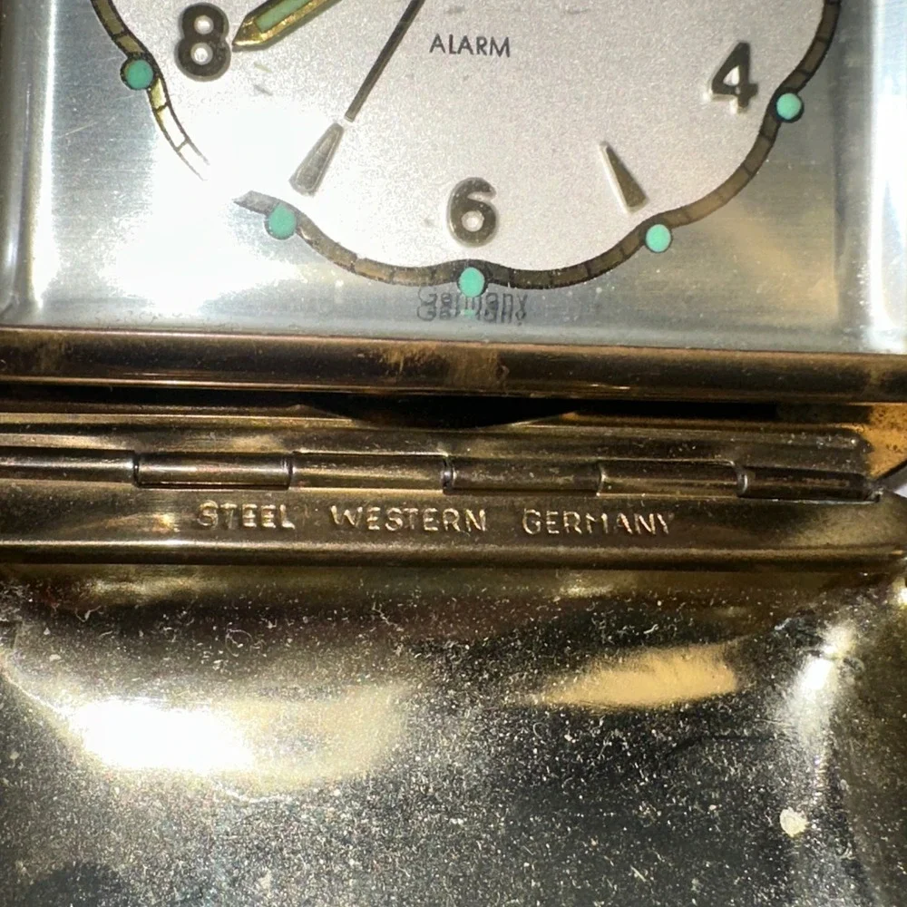 Vintage Bradley Travel Alarm Clock Gold Tone Floral Case Western Germany MCM